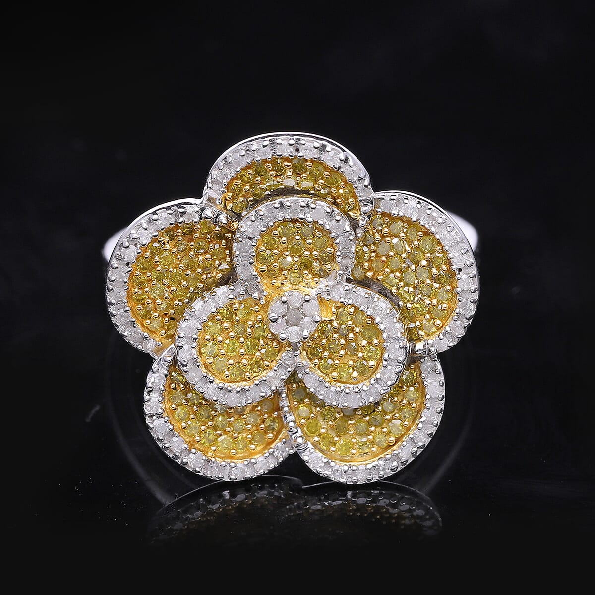 Yellow and White Diamond 1.00 ctw Enchanted Bloom Ring in Platinum Over Sterling Silver (Size 7.0) image number 1