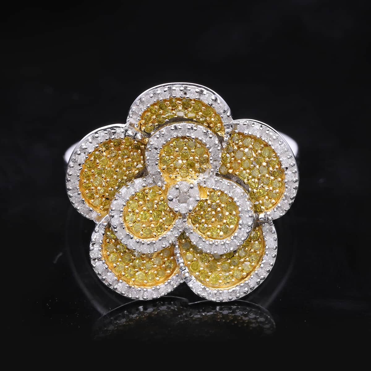 Yellow and White Diamond 1.00 ctw Enchanted Bloom Ring in Platinum Over Sterling Silver (Size 8.0) image number 1