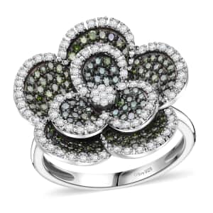 Green and White Diamond 1.00 ctw Enchanted Bloom Ring in Platinum Over Sterling Silver (Size 8.0)