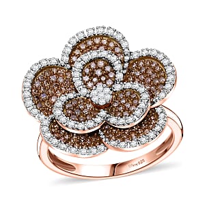 Natural Champagne and White Diamond 1.00 ctw Enchanted Bloom Ring in Vermeil Rose Gold Over Sterling Silver (Size 6.0)