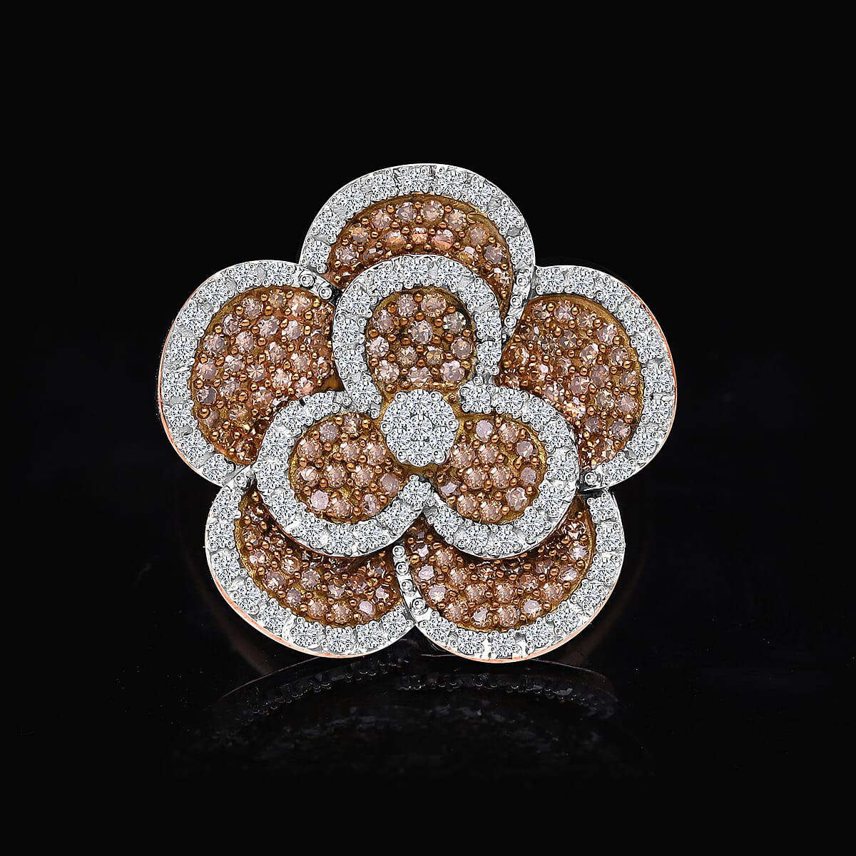 Natural Champagne and White Diamond 1.00 ctw Enchanted Bloom Ring in Vermeil Rose Gold Over Sterling Silver (Size 6.0) image number 1