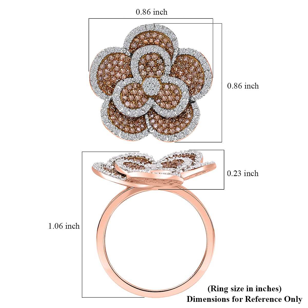Natural Champagne and White Diamond 1.00 ctw Enchanted Bloom Ring in Vermeil Rose Gold Over Sterling Silver (Size 6.0) image number 4