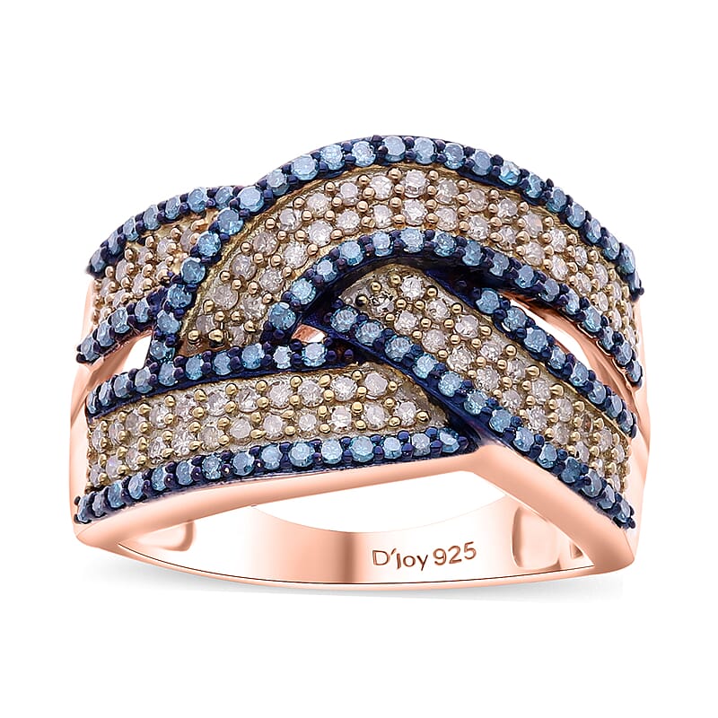 Natural Champagne and Blue Diamond 1.00 ctw Bridge Crossover Ring in Vermeil Rose Gold Over Sterling Silver (Size 6.0)