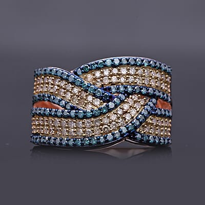 Natural Champagne and Blue Diamond 1.00 ctw Bridge Crossover Ring in Vermeil Rose Gold Over Sterling Silver (Size 6.0)