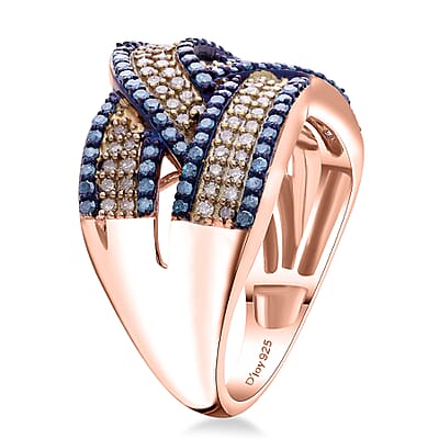 Natural Champagne and Blue Diamond 1.00 ctw Bridge Crossover Ring in Vermeil Rose Gold Over Sterling Silver (Size 6.0)
