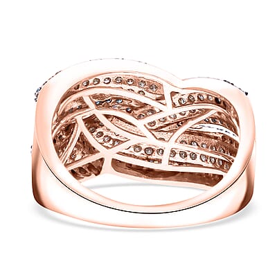 Natural Champagne and Blue Diamond 1.00 ctw Bridge Crossover Ring in Vermeil Rose Gold Over Sterling Silver (Size 6.0)