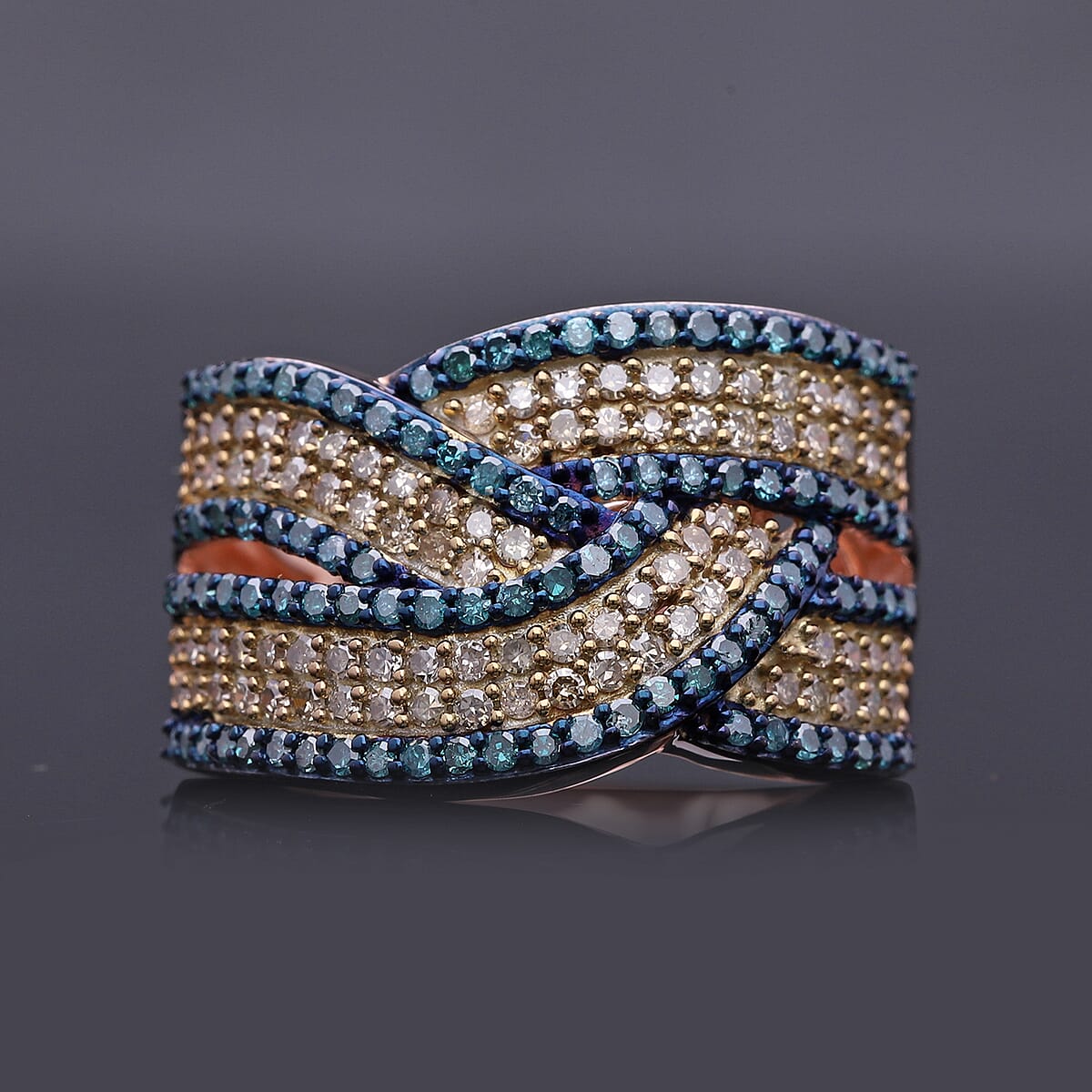 Natural Champagne and Blue Diamond 1.00 ctw Bridge Crossover Ring in Vermeil Rose Gold Over Sterling Silver (Size 7.0) image number 1