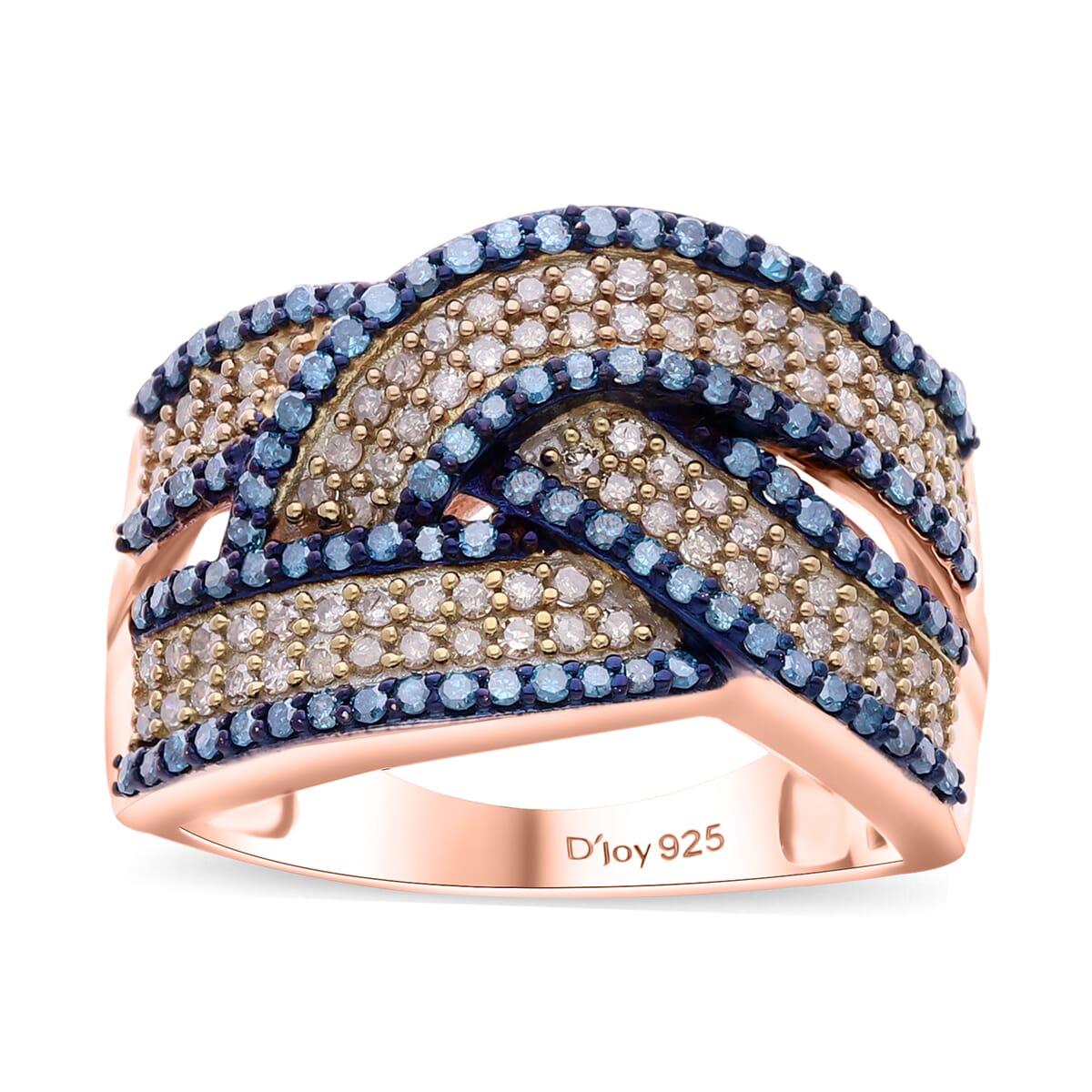 Natural Champagne and Blue Diamond 1.00 ctw Bridge Crossover Ring in Vermeil Rose Gold Over Sterling Silver (Size 8.0) image number 0