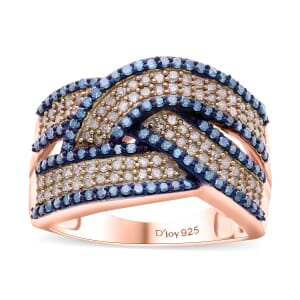 Natural Champagne and Blue Diamond 1.00 ctw Bridge Crossover Ring in Vermeil Rose Gold Over Sterling Silver (Size 8.0)