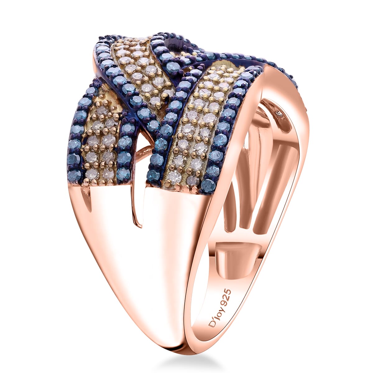 Natural Champagne and Blue Diamond 1.00 ctw Bridge Crossover Ring in Vermeil Rose Gold Over Sterling Silver (Size 8.0) image number 3