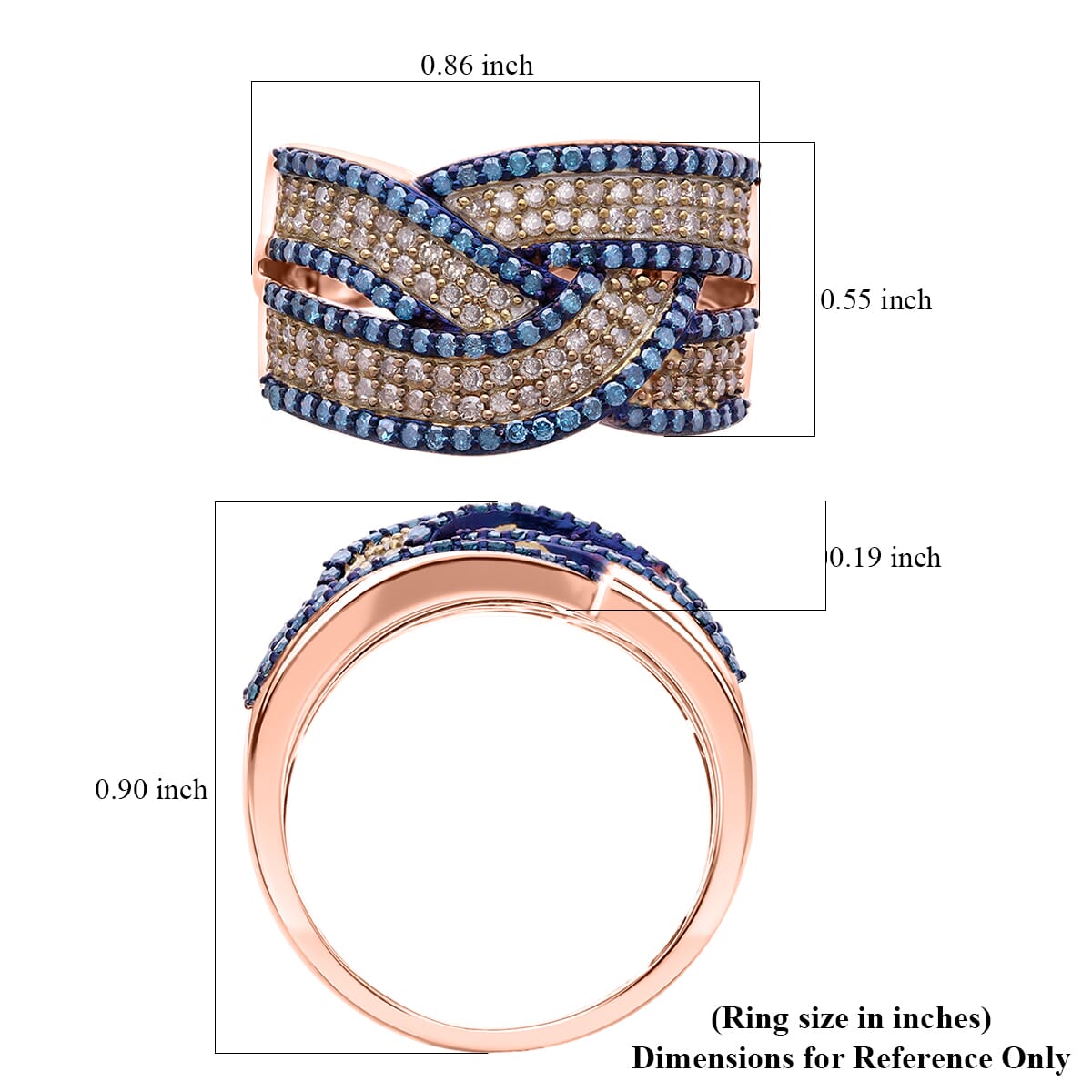 Natural Champagne and Blue Diamond 1.00 ctw Bridge Crossover Ring in Vermeil Rose Gold Over Sterling Silver (Size 8.0) image number 5