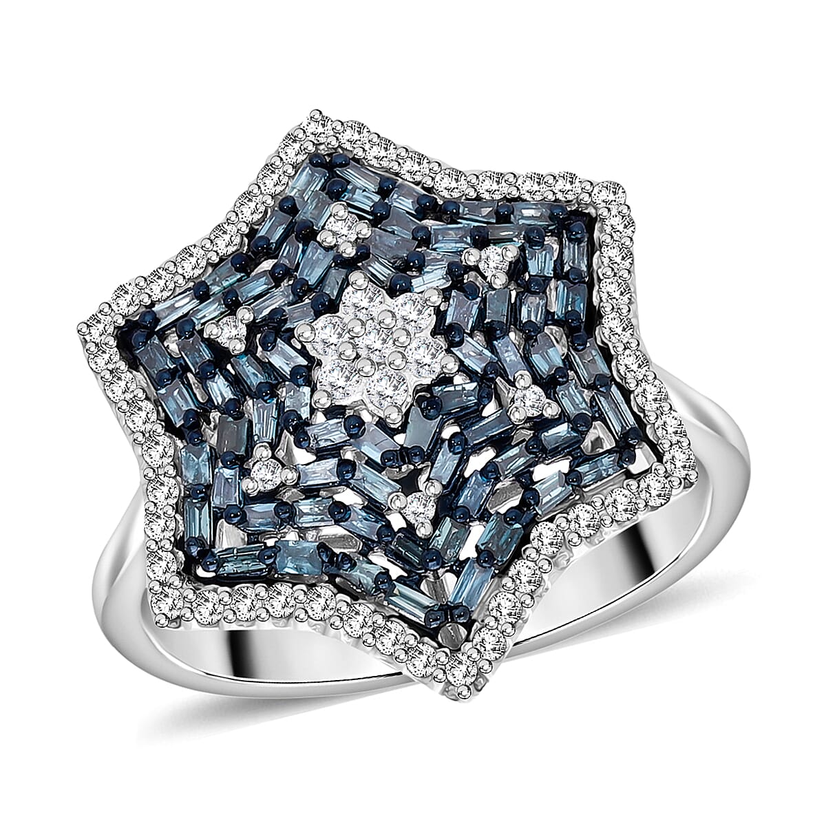 Blue and White Diamond 1.00 ctw Star Ring in Platinum Over Sterling Silver (Size 10.0) image number 0