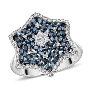 Blue and White Diamond 1.00 ctw Star Ring in Platinum Over Sterling Silver (Size 10.0)