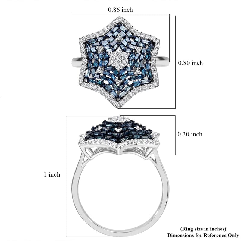 Blue Diamond, Diamond Star Ring in Platinum Over Sterling Silver 1.00 ctw (Size 10.0)
