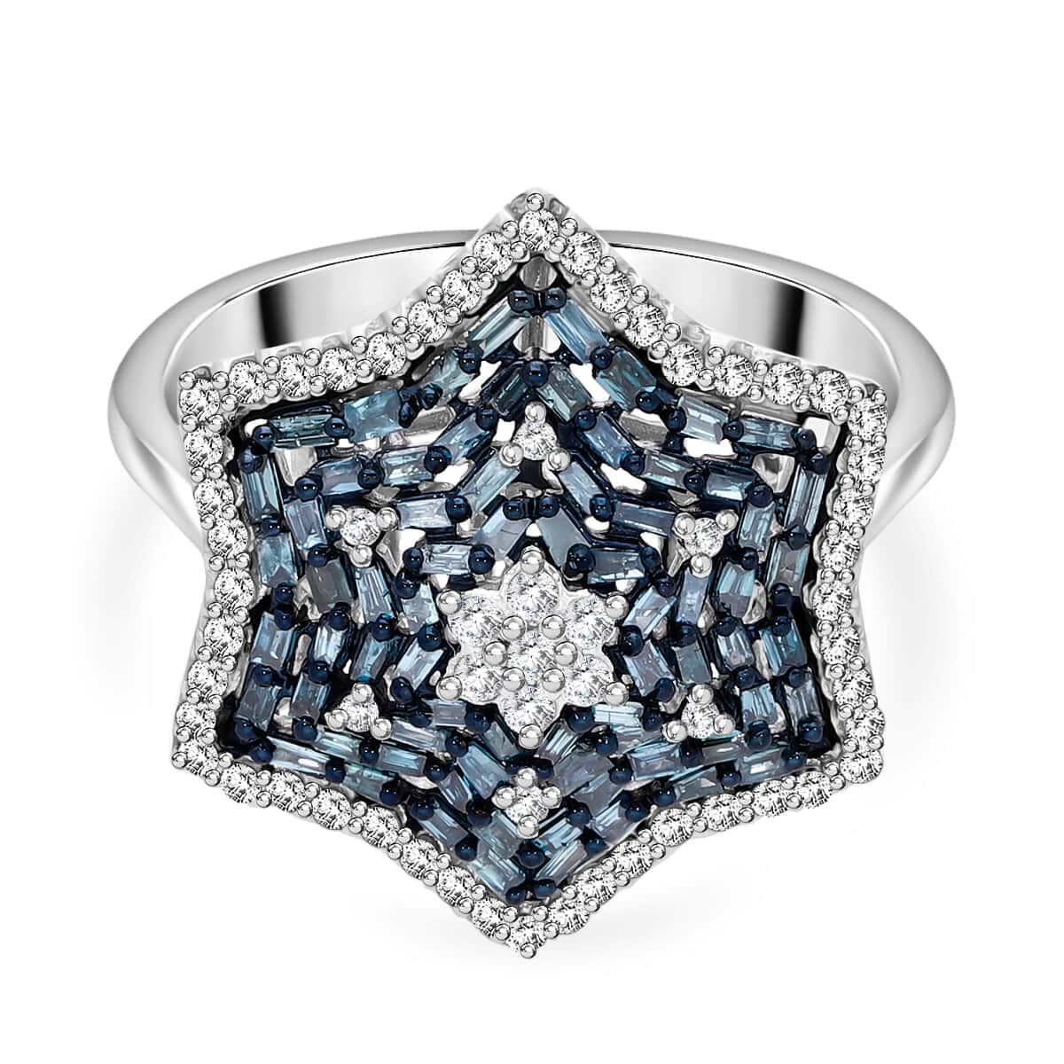 Blue and White Diamond 1.00 ctw Star Ring in Platinum Over Sterling Silver (Size 8.0) image number 0