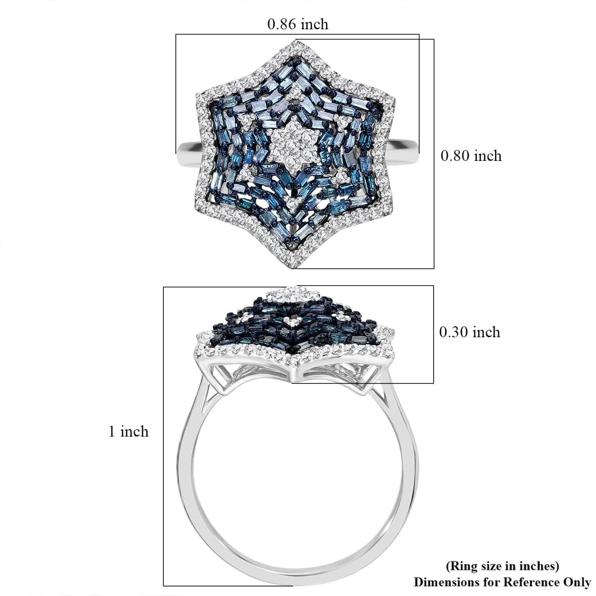 Blue and White Diamond 1.00 ctw Star Ring in Platinum Over Sterling Silver (Size 9.0) image number 4