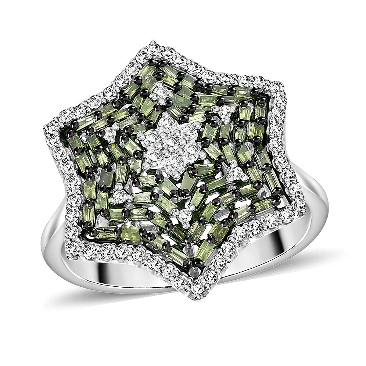 Green Diamond (IR), Diamond Star Ring in Platinum Over Sterling Silver (Size 10.0) 1.00 ctw image number 0