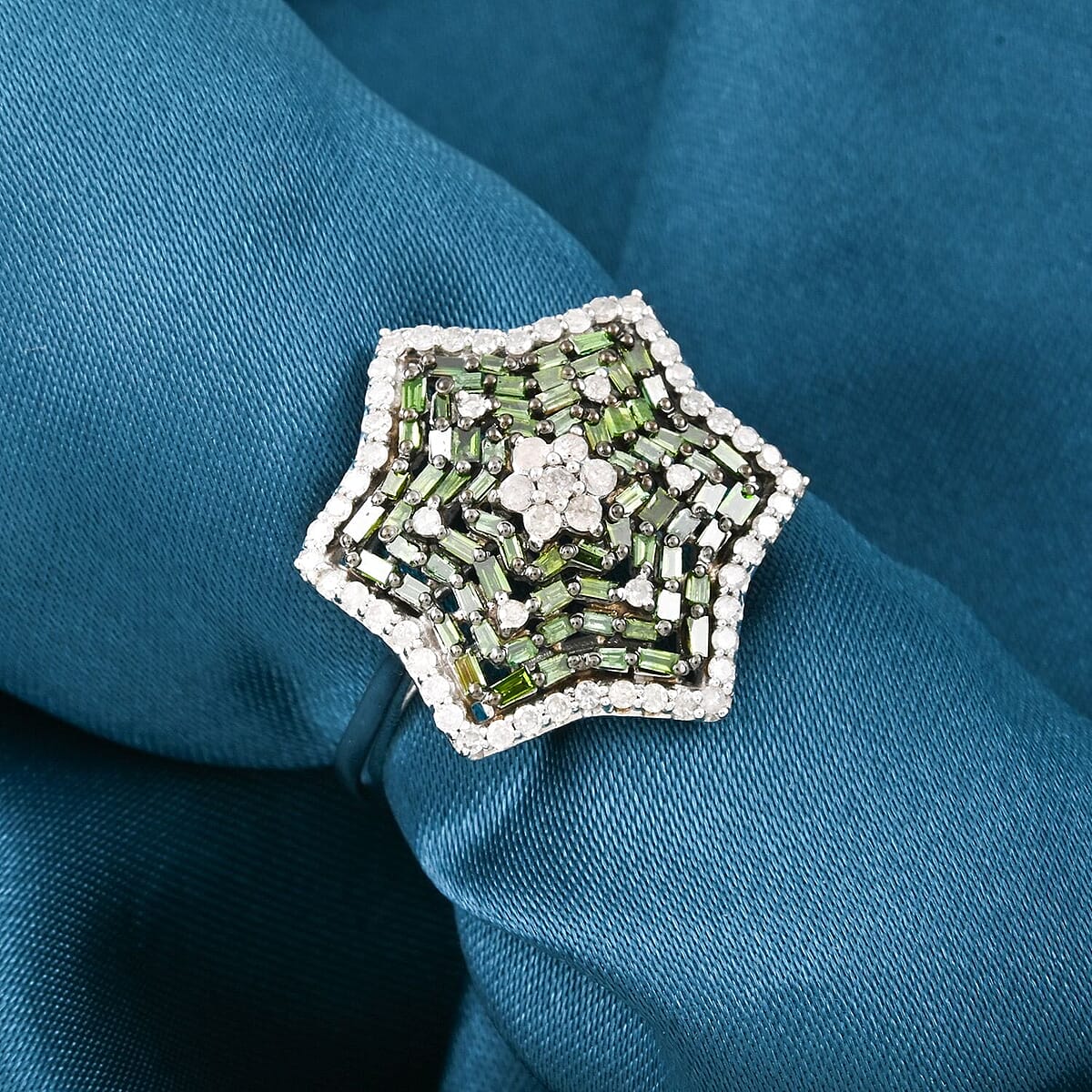 Green Diamond (IR), Diamond Star Ring in Platinum Over Sterling Silver (Size 10.0) 1.00 ctw image number 1