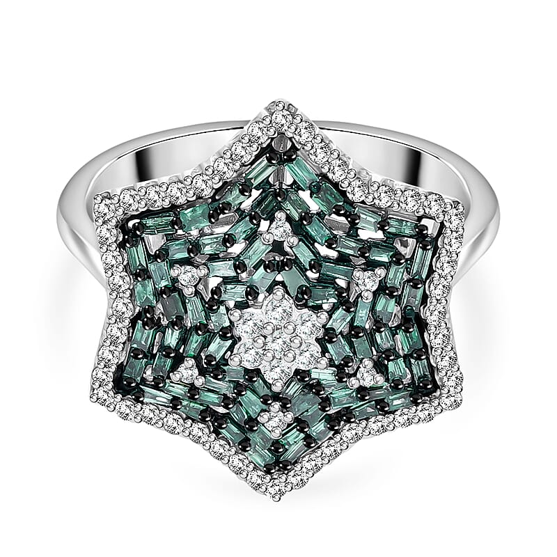 Green and White Diamond 1.00 ctw Star Ring in Platinum Over Sterling Silver (Size 6.0)