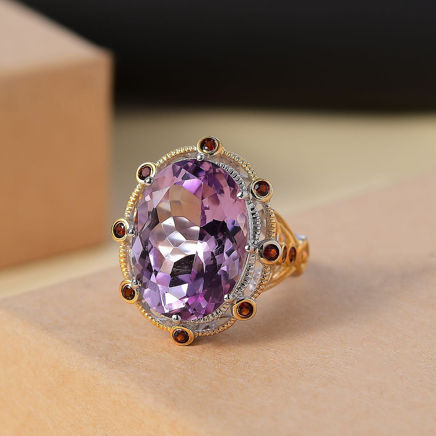Karis Rose De France Amethyst and Mozambique Garnet 12.40 ctw Ring in 18K YG Plated and Platinum Bond (Size 10.0)