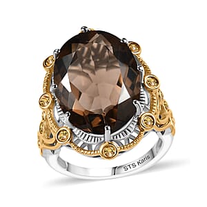 Karis Brazilian Smoky Quartz and Brazilian Citrine 11.80 ctw Ring in 18K YG Plated and Platinum Bond (Size 7.0)