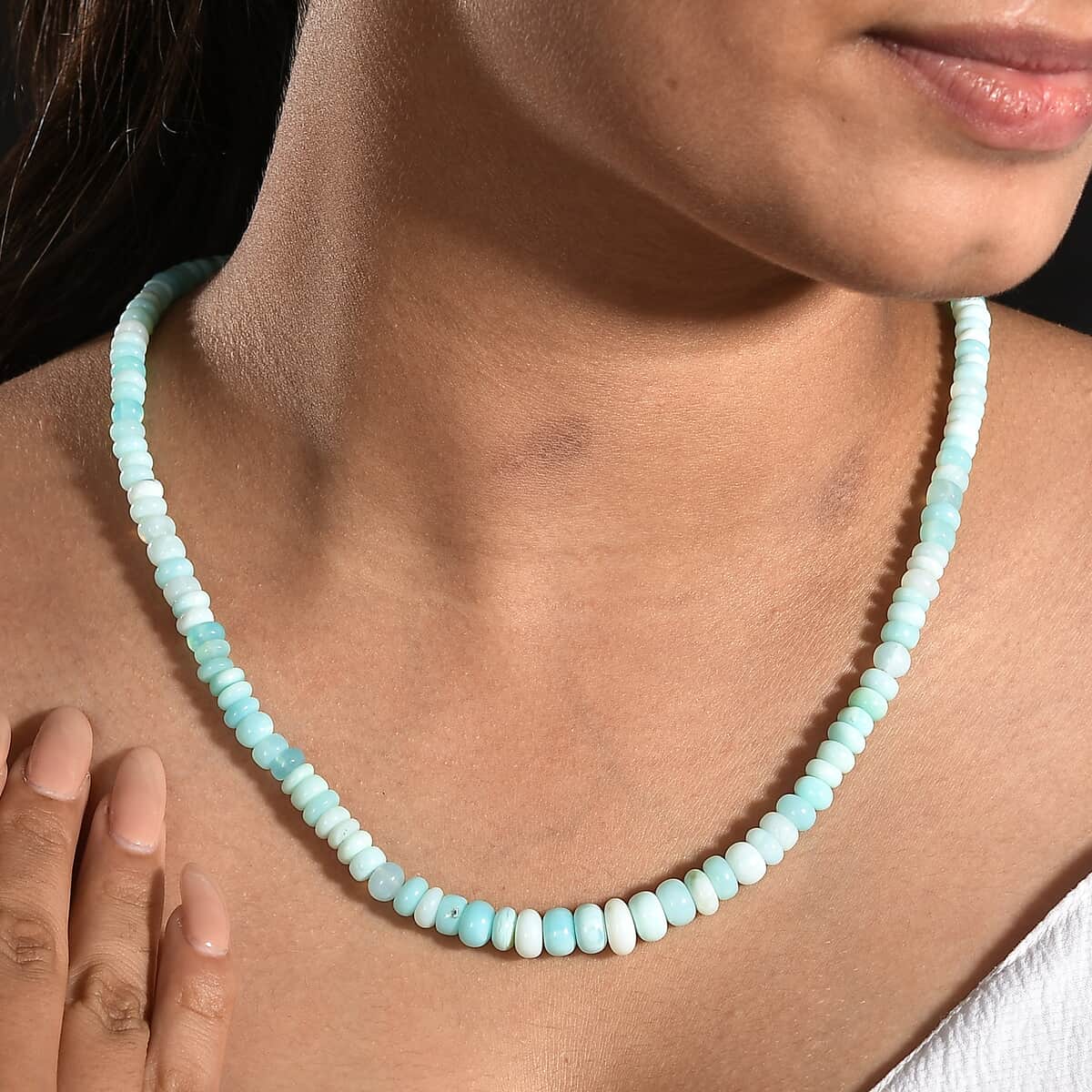 Enhanced Blue Opal 110.00 ctw Beaded Necklace in Stainless Steel 20 Inches image number 2