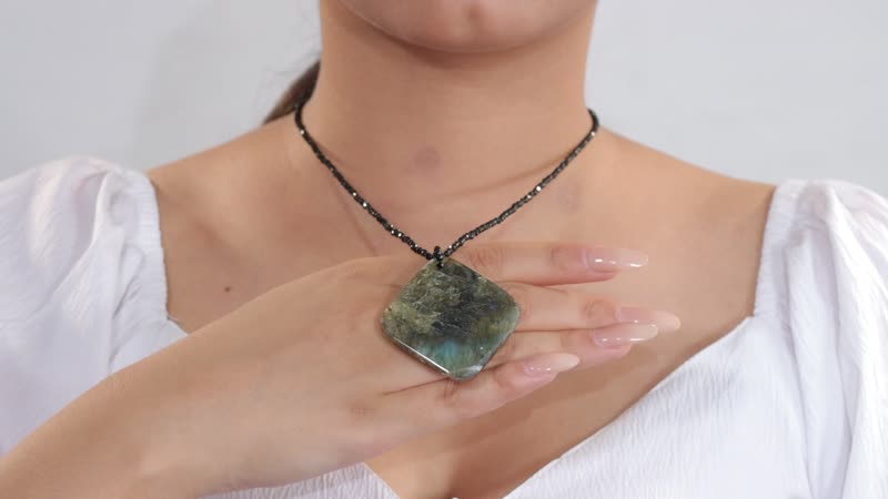 Malagasy Labradorite Pendant with Thai Black Spinel 127.65 ctw Beaded Necklace in Stainless Steel 20 Inches