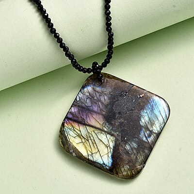 Malagasy Labradorite Pendant with Thai Black Spinel 127.65 ctw Beaded Necklace in Stainless Steel 20 Inches