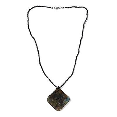 Malagasy Labradorite Pendant with Thai Black Spinel 127.65 ctw Beaded Necklace in Stainless Steel 20 Inches