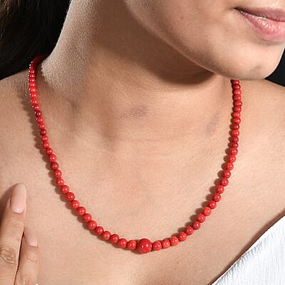 Coral Beaded 88.85 ctw Necklace 20 Inches in Rhodium Over Stainless Steel 