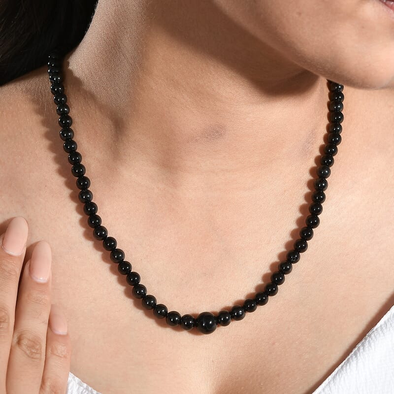 Black Spinel, Black Obsidian, Black Agate 160.00 ctw Necklace 20 Inches in Rhodium Over Stainless Steel 