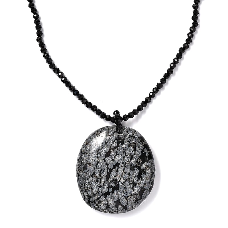 Snow Flake Obsidian and Thai Black Spinel 179.90 ctw Beaded Necklace in Stainless Steel 20 Inches