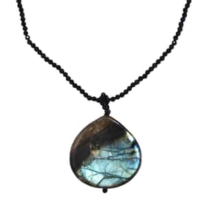 Malagasy Labradorite Pendant with Thai Black Spinel 124.10 ctw Beaded Necklace in Stainless Steel 20 Inches