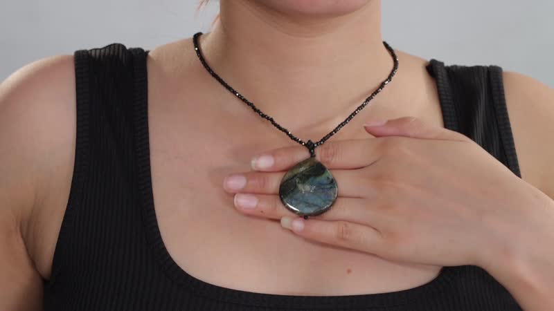 Malagasy Labradorite Pendant with Thai Black Spinel 124.10 ctw Beaded Necklace in Stainless Steel 20 Inches