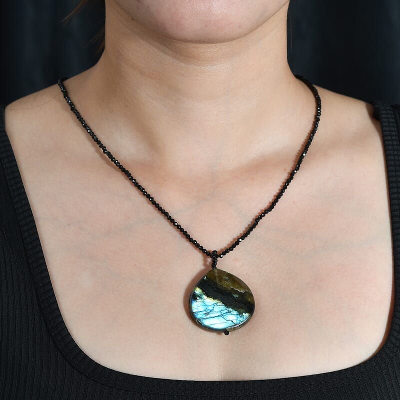 Malagasy Labradorite Pendant with Thai Black Spinel 124.10 ctw Beaded Necklace in Stainless Steel 20 Inches