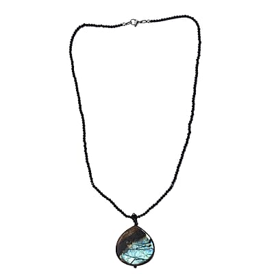 Malagasy Labradorite Pendant with Thai Black Spinel 124.10 ctw Beaded Necklace in Stainless Steel 20 Inches