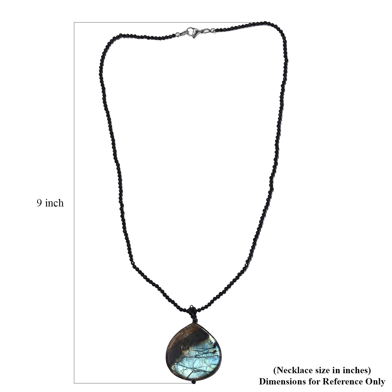 Malagasy Labradorite Pendant with Thai Black Spinel 124.10 ctw Beaded Necklace in Stainless Steel 20 Inches