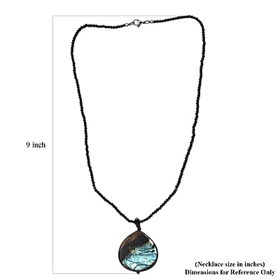 Malagasy Labradorite Pendant with Thai Black Spinel 124.10 ctw Beaded Necklace in Stainless Steel 20 Inches