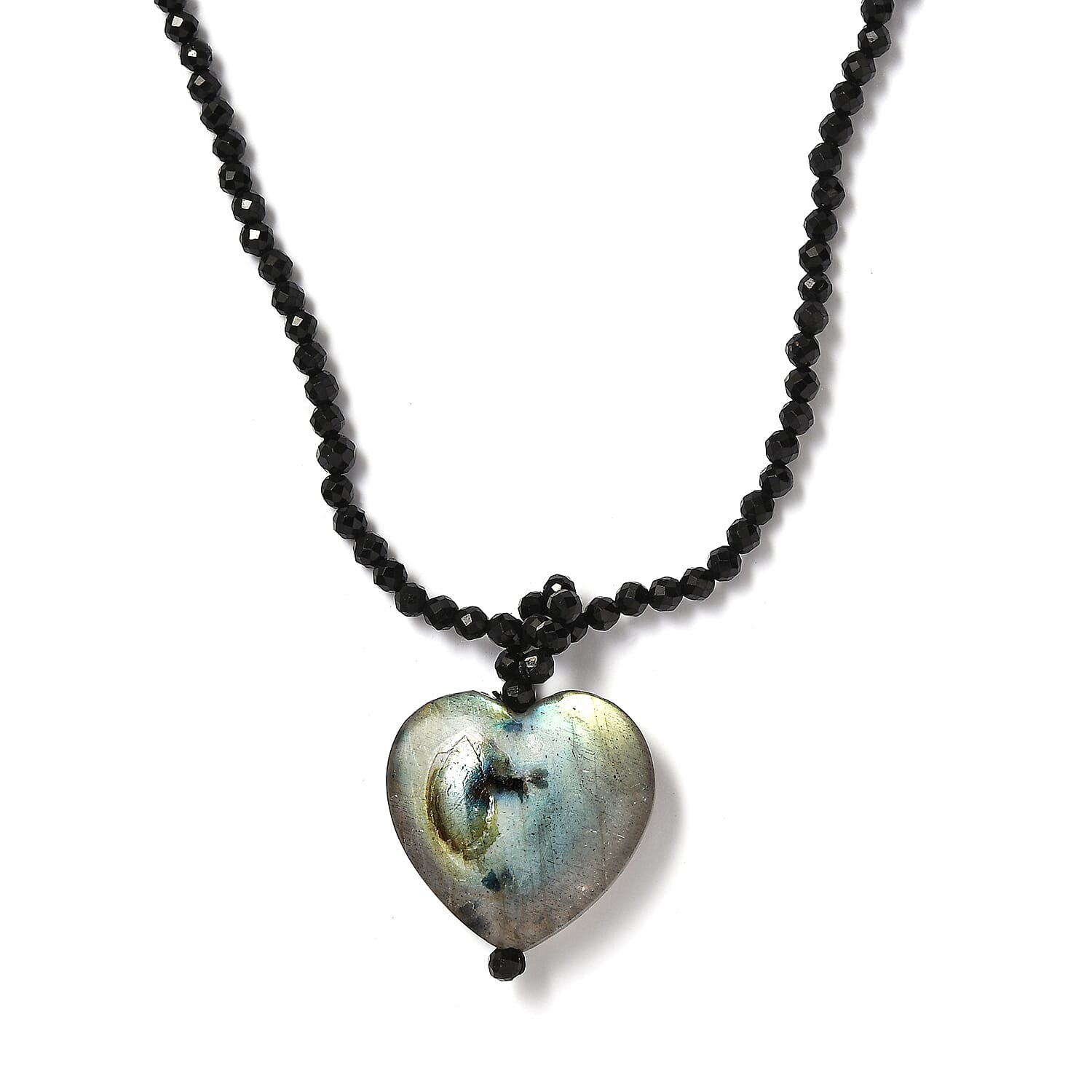 Malagasy Labradorite Pendant with Thai Black Spinel 49.35 ctw Beaded Necklace in Stainless Steel 20 Inches