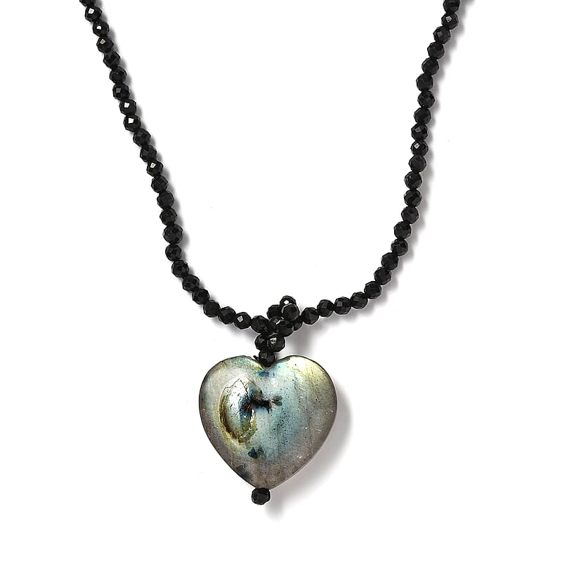 Malagasy Labradorite Pendant with Thai Black Spinel 49.35 ctw Beaded Necklace in Stainless Steel 20 Inches