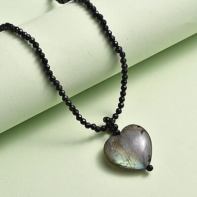 Malagasy Labradorite Pendant with Thai Black Spinel 49.35 ctw Beaded Necklace in Stainless Steel 20 Inches