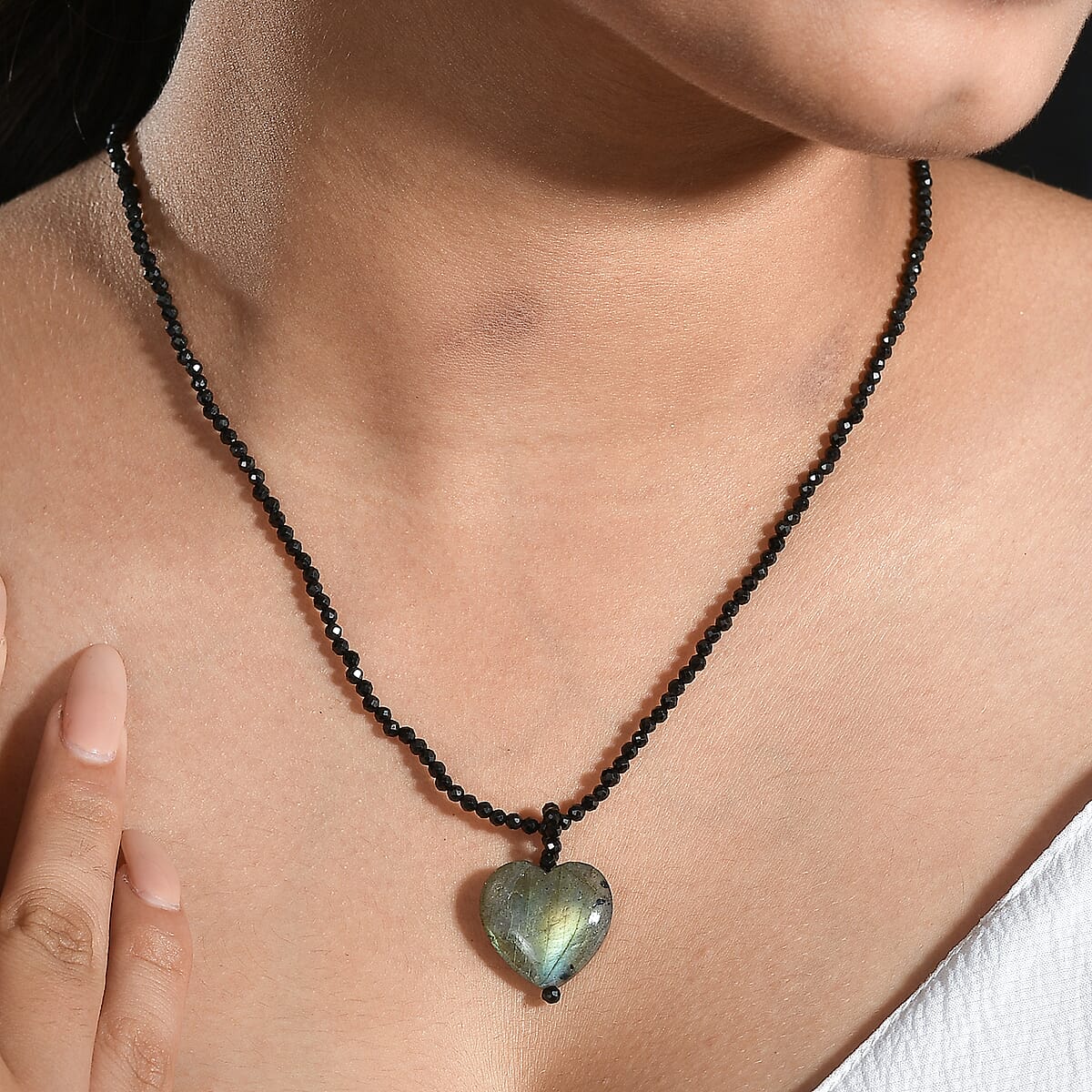 Malagasy Labradorite Pendant with Thai Black Spinel 49.35 ctw Beaded Necklace in Stainless Steel 20 Inches image number 2