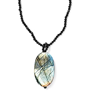Malagasy Labradorite Pendant with Thai Black Spinel Beaded 104.35 ctw Necklace in Stainless Steel 20 Inches