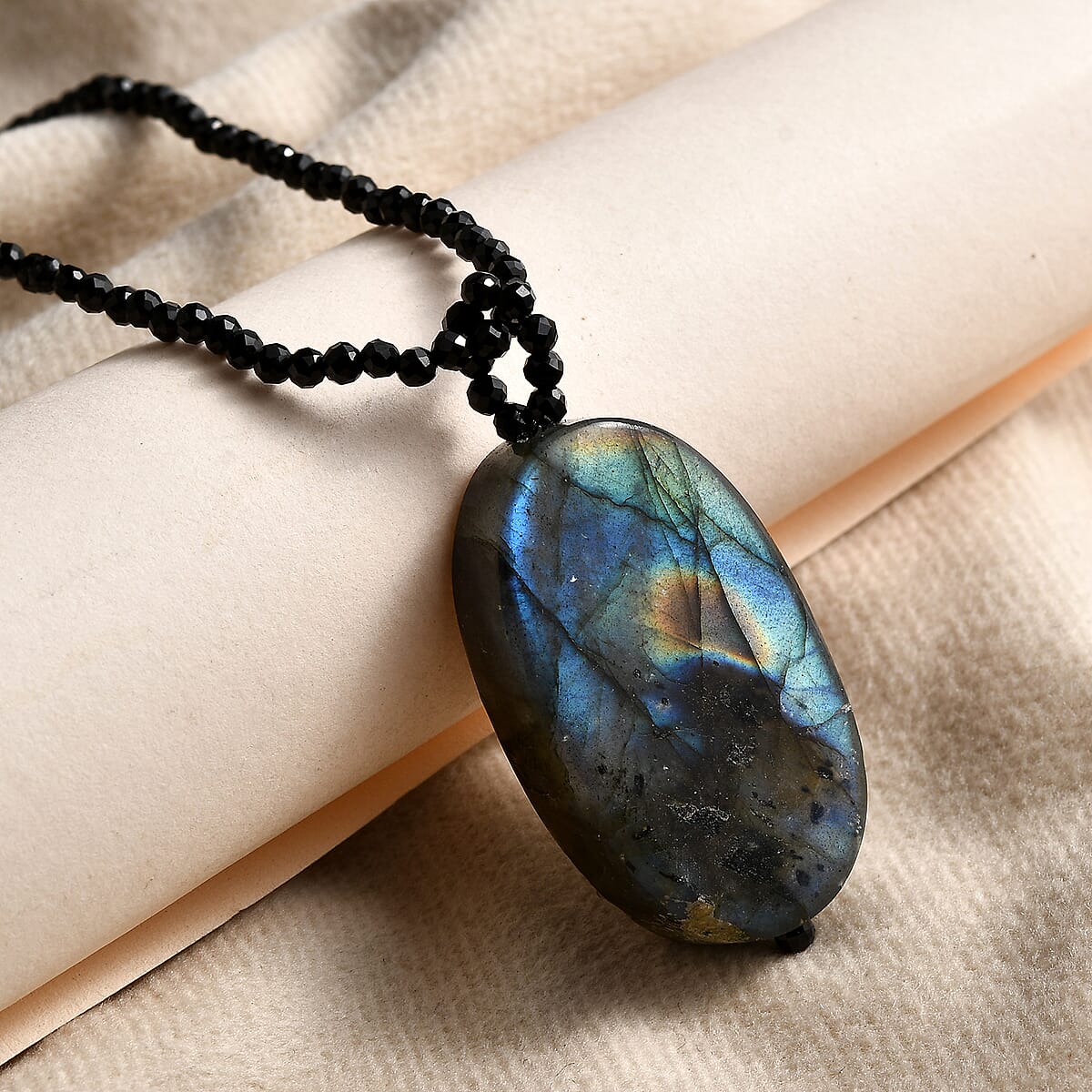 Malagasy Labradorite Pendant with Thai Black Spinel Beaded 104.35 ctw Necklace in Stainless Steel 20 Inches image number 1
