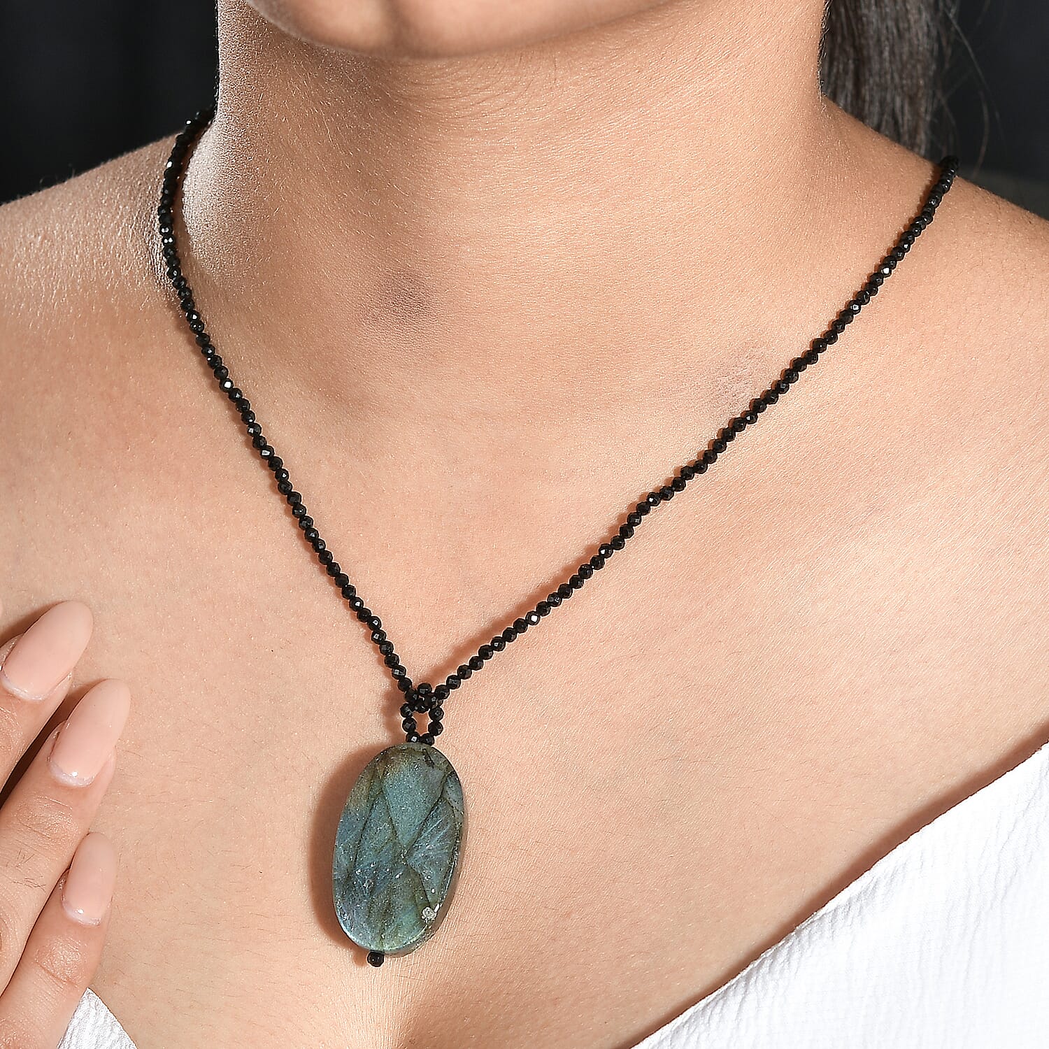Malagasy Labradorite Pendant with Thai Black Spinel Beaded 104.35 ctw Necklace in Stainless Steel 20 Inches