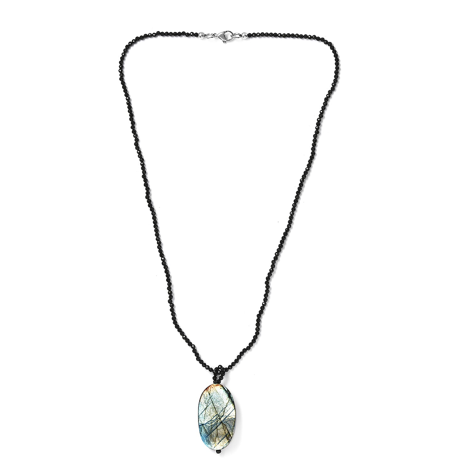Malagasy Labradorite Pendant with Thai Black Spinel Beaded 104.35 ctw Necklace in Stainless Steel 20 Inches