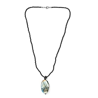 Malagasy Labradorite Pendant with Thai Black Spinel Beaded 104.35 ctw Necklace in Stainless Steel 20 Inches