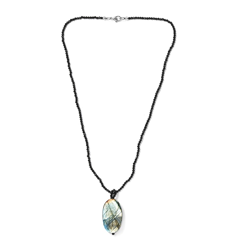 Malagasy Labradorite Pendant with Thai Black Spinel Beaded 104.35 ctw Necklace in Stainless Steel 20 Inches