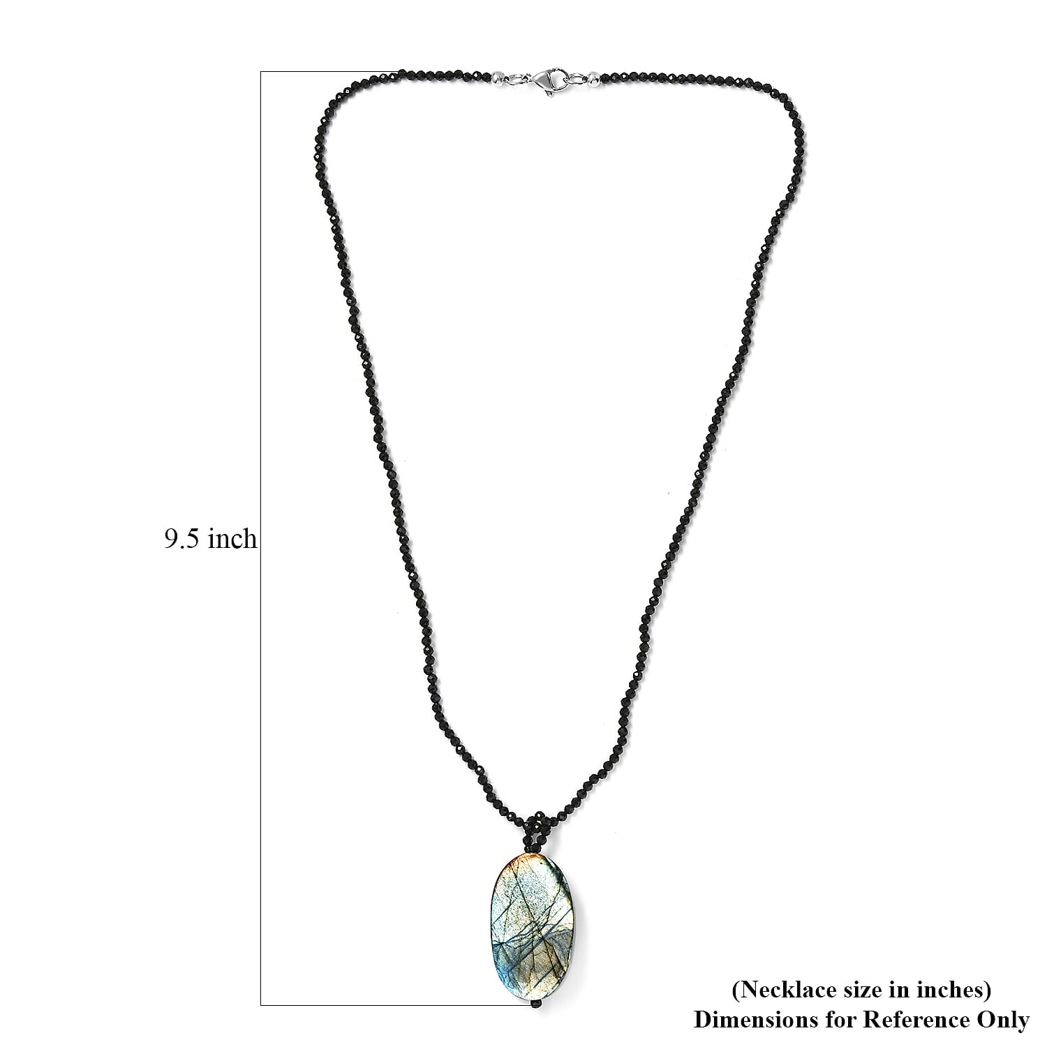 Malagasy Labradorite Pendant with Thai Black Spinel Beaded 104.35 ctw Necklace in Stainless Steel 20 Inches