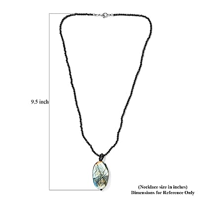 Malagasy Labradorite Pendant with Thai Black Spinel Beaded 104.35 ctw Necklace in Stainless Steel 20 Inches